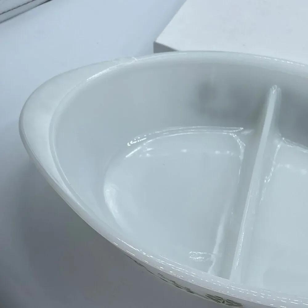 Vintage Glasbake USA milk glass divided serving dish.